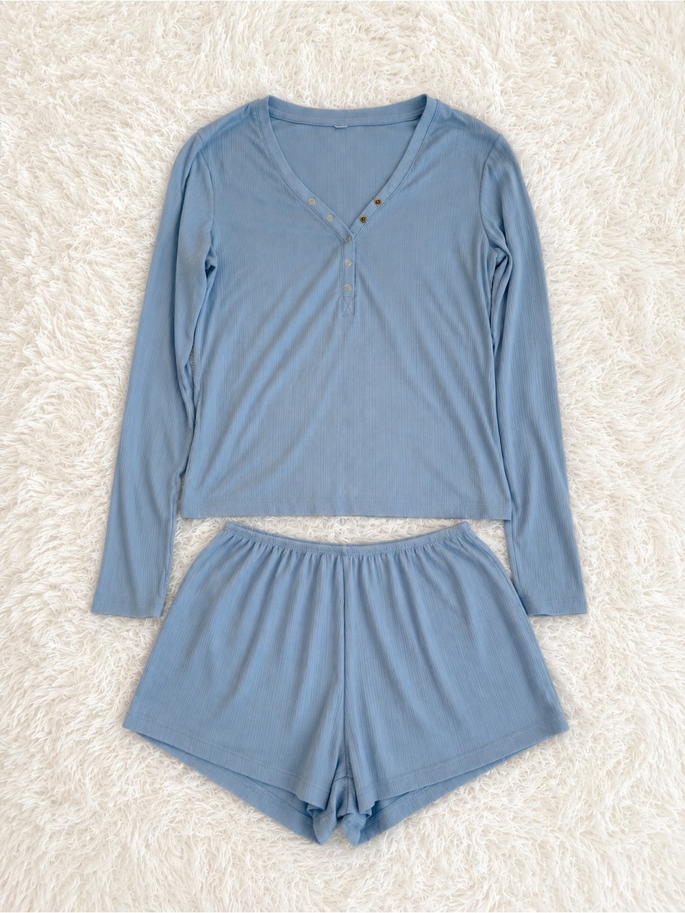 Auden Light Blue Ribbed Long-Sleeve Henley Pajama Set